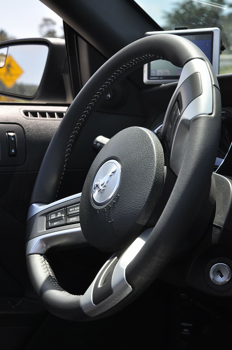 black, gray, ford, mustang, vehicle, steering, wheel, car, dashboard, transportation