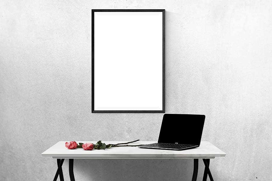 black, laptop computer turned-off, white, wooden, table, photo frame, poster, mockup, wall, template
