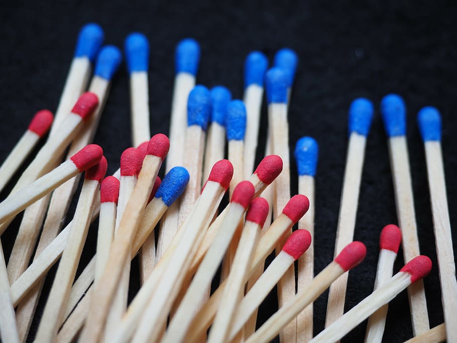 red, blue, matches, lot, match head, kindle, sticks, sulfur, wood - material, close-up
