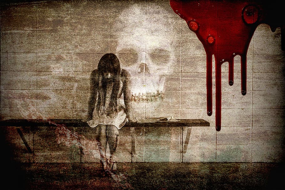 skull print, blood, girl, sitting, bench, sad, lonely, sadness, alone, mourning