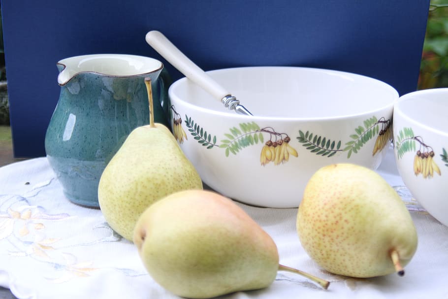 pears, fruit, summer, garden al fresco, jug, bowls, healthy, lunch, dessert, eating