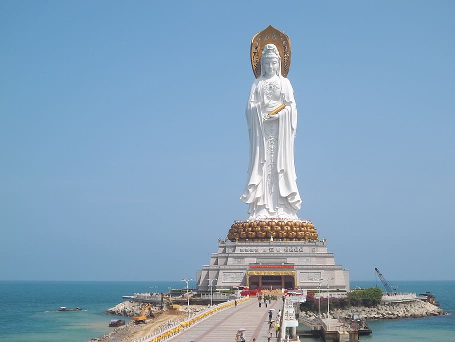 woman statue, placed, body, water, bridge, statue, buddha, religion, buddhism, religious