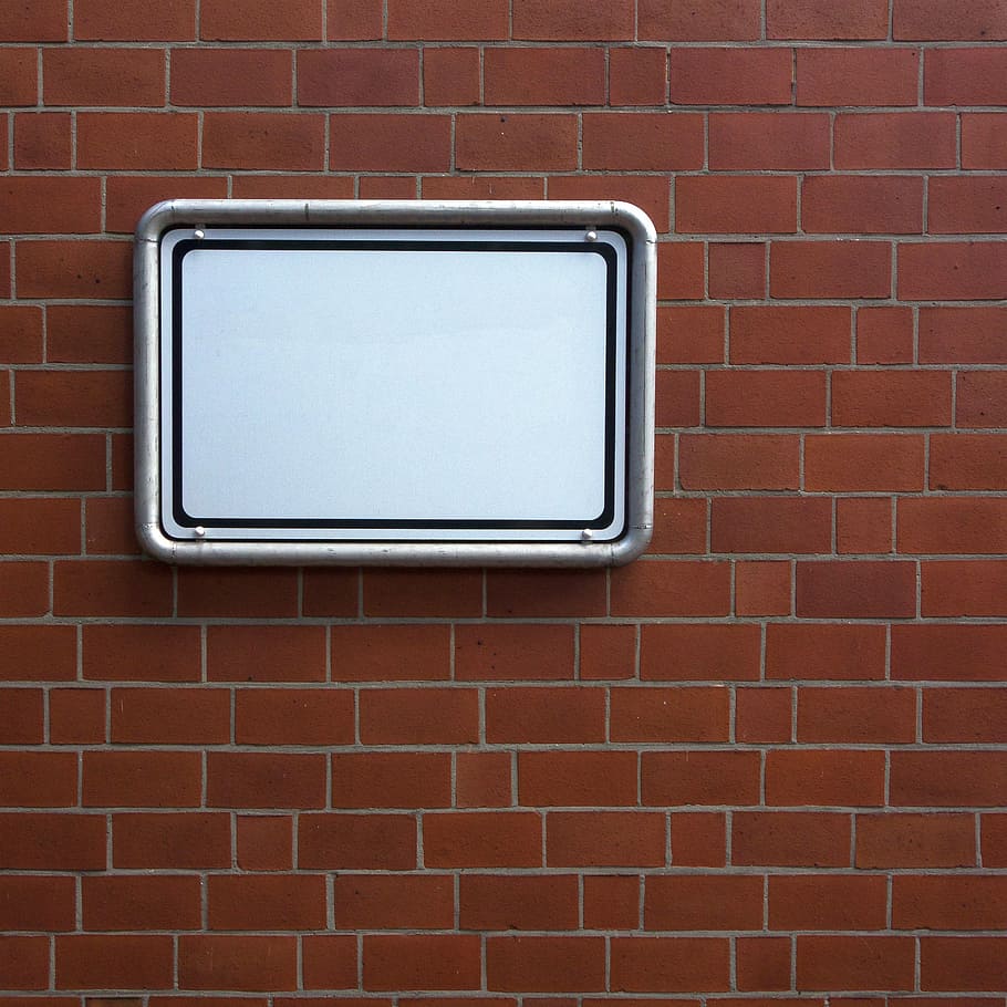 shield, sign, board, note, billboard, wall, caption, information, metal sign, brick