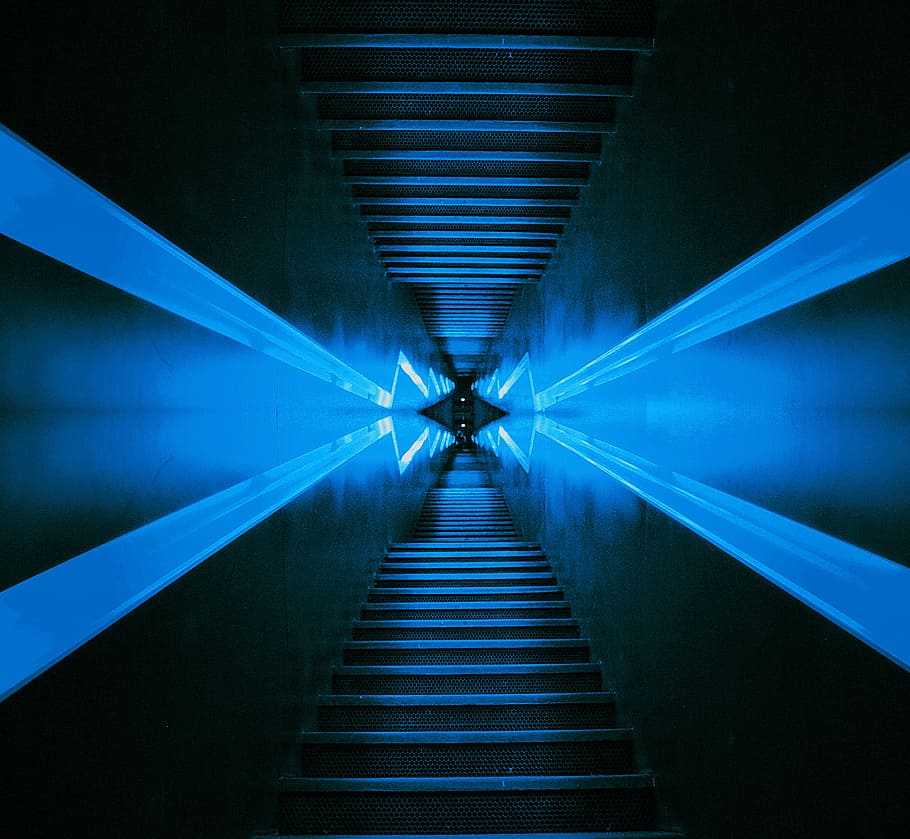 virtual, stairs, neon, architecture, direction, the way forward, indoors, one person, illuminated, built structure