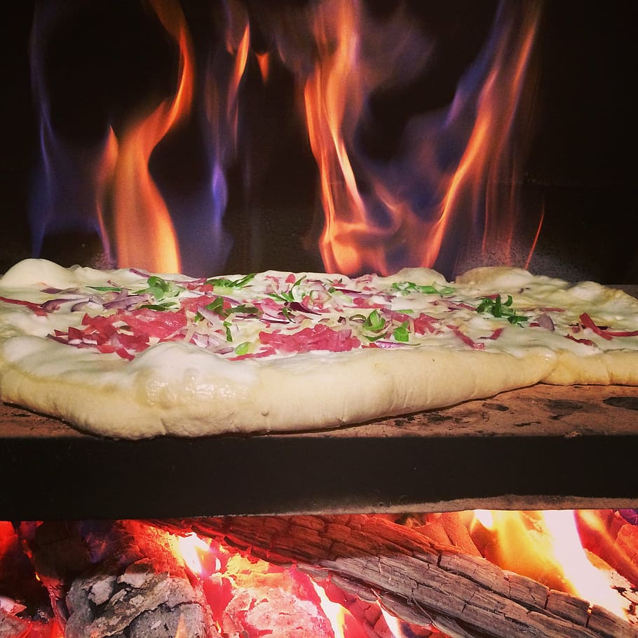 pizza in oven, tarte flambée, pizza, wood burning stove, fire, oven, grill, embers, flame, hot