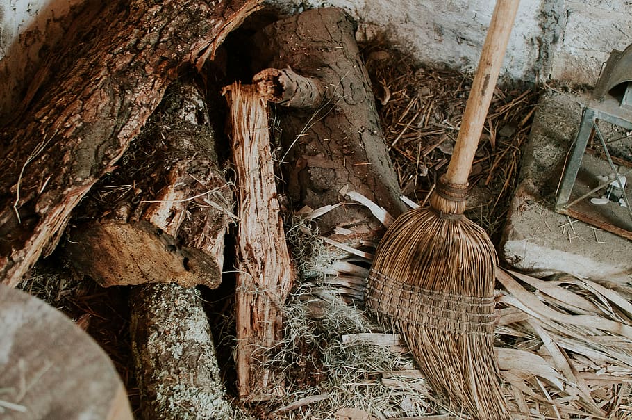 brown, broom, log, trunk, old, dry, chop, steel, wood, wooden