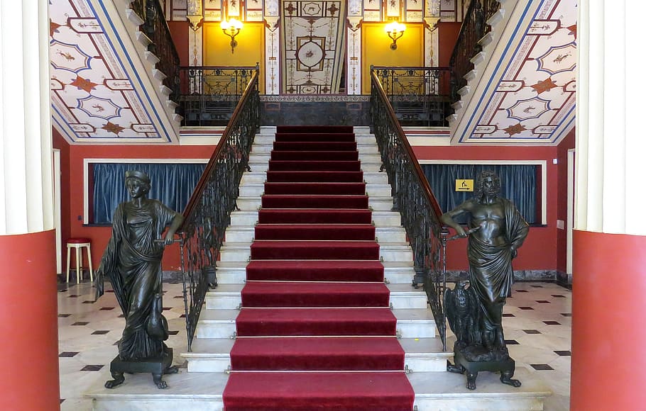 maroon, carpet, white, staircase, the palace, sissi, achillion, architecture, the art of, artistic