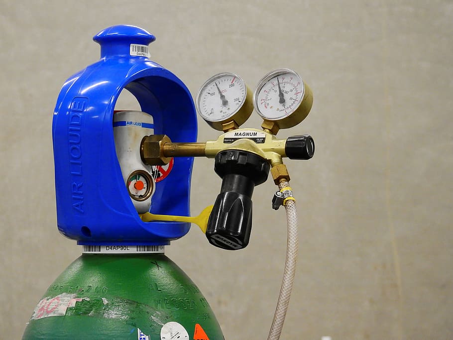 green gas tank, gas, weld, welder, protective gas, autogen, mig, inert gas welding, pressure, pressure regulator