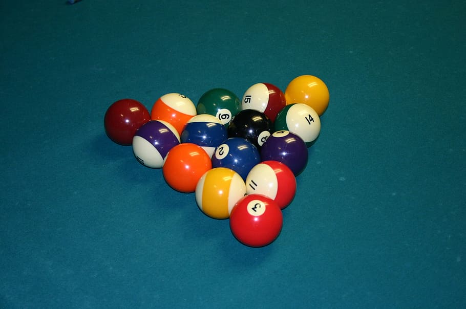 pool, balls, table, 8 ball, game, cue, stick, green, felt, pockets