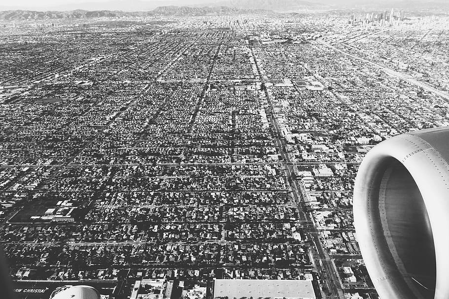 LA, Los Angeles, aéreo, vista, avião, pouso, viagem, transporte, cidade, preto e branco