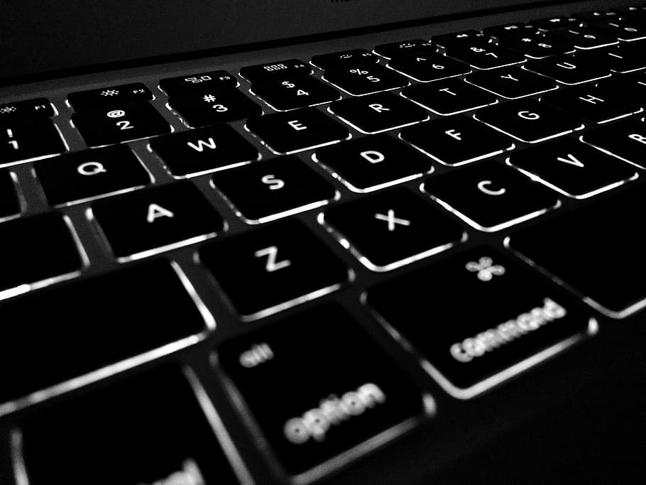 black computer keyboard, computer, display, electronics, illuminated, keyboard, keys, laptop, letters, technology