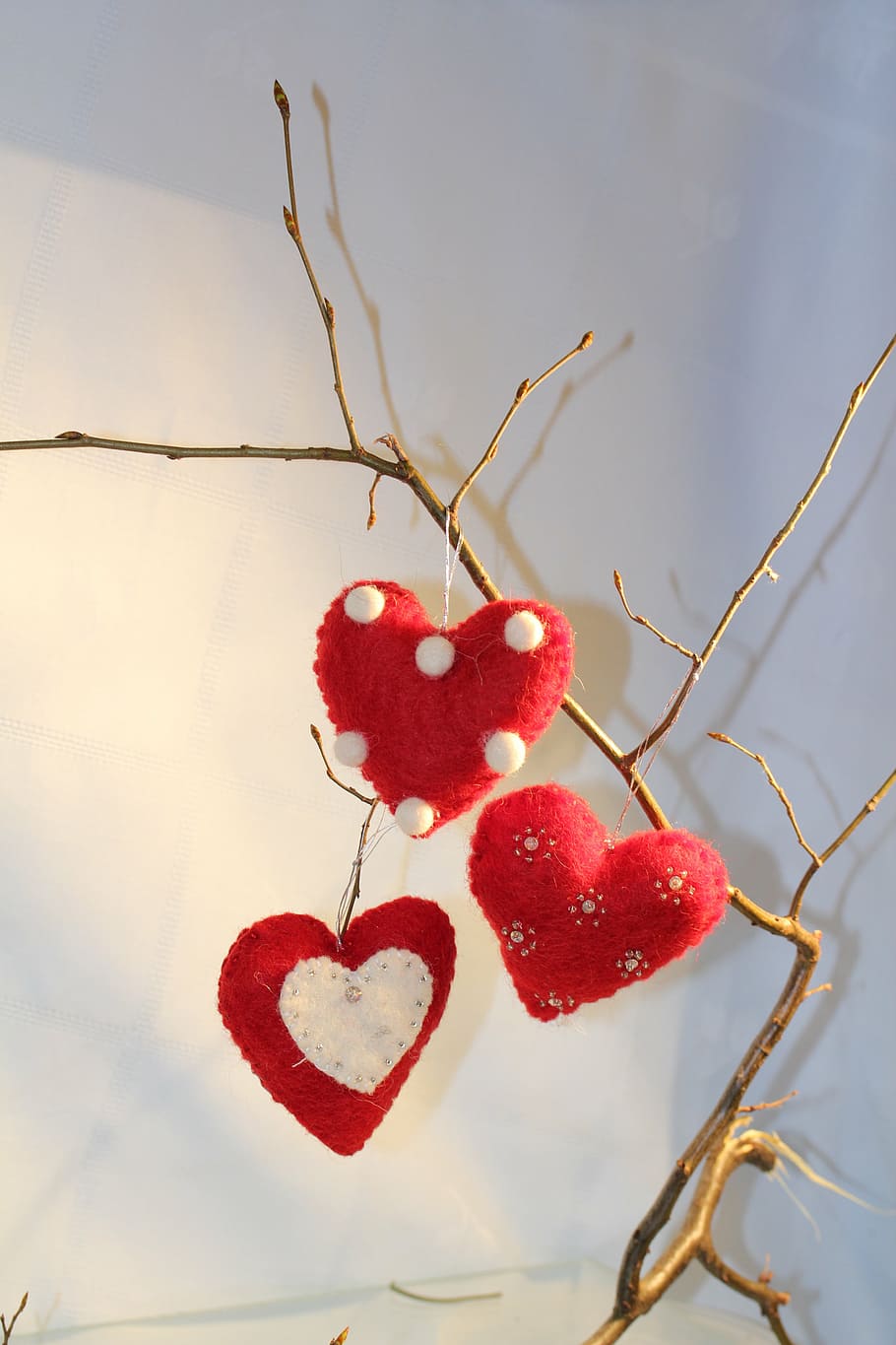 heart, red, branch, christmas, felt hearts, rustic, christmas decorations, advent, felt, wool felt