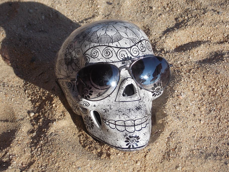 sand, skull, lenses, beach, day, close-up, human skeleton, nature, sunlight, disguise
