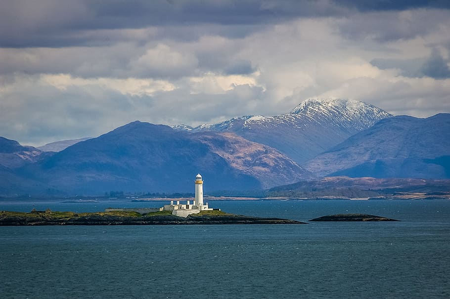 scotland, lighthouse, sea, loch fiart, lismore island, sound of mull, mountain, water, cloud - sky, architecture