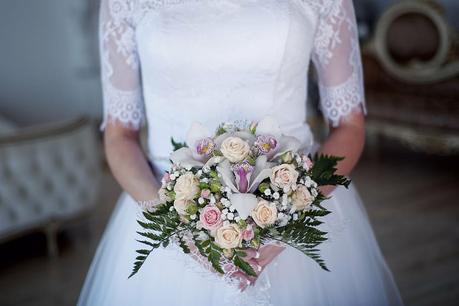 woman, white, gown, holding, bouquet, roses, people, bride, wedding, marriage