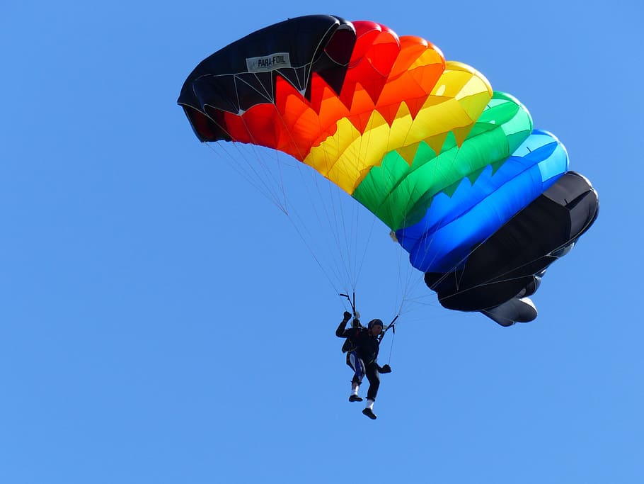 Deporte, Paracaidismo, Competencia, Descenso, paracaídas, cielo, multicolor, vuelo, azul, Aventura