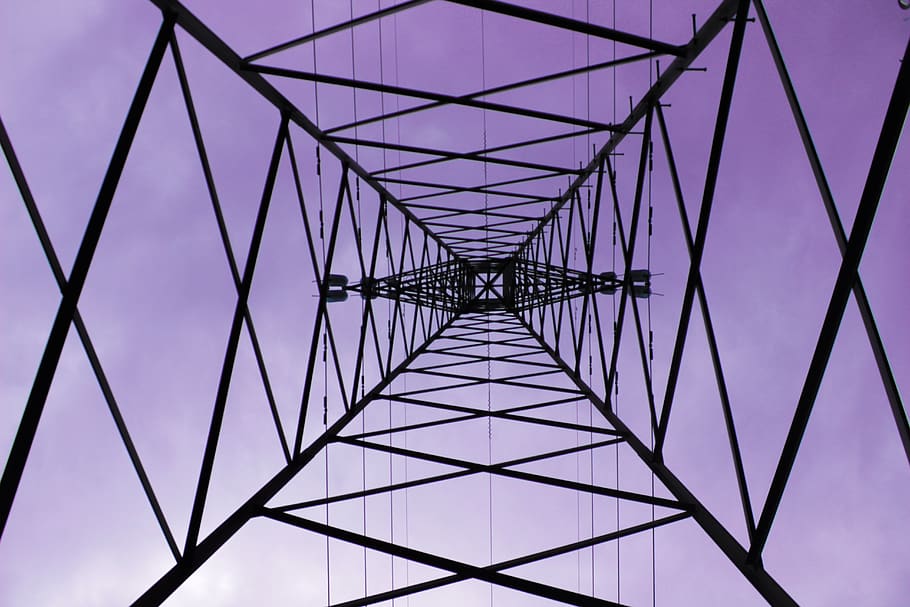 silhouette, high, purple, sky, landscape, outdoor, unbelievable, color, electricity pylon, low angle view