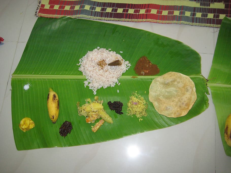 rice, dishes, banana leaf, sadya, onam, kerala, food, traditional, simple, chapati