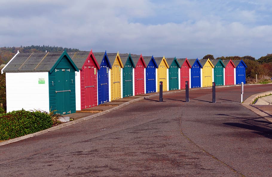 Casas al lado de la carretera, cabañas de playa, Dawlish Warren, Devon, playa, costa, Reino Unido, arena, Warren, Inglaterra