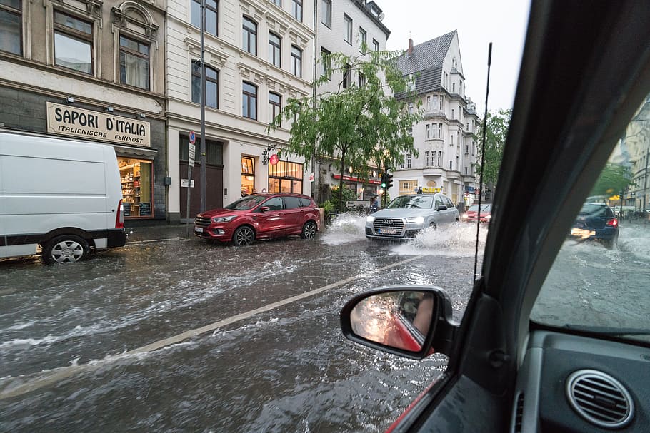 cars, passing, flooded, streets, cologne, high water, rain, downtown, storm, flood