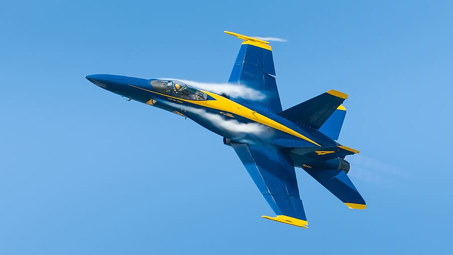 blue, yellow, fighter jet plane, flying, sky, blue angels, jet, fighter, navy, military