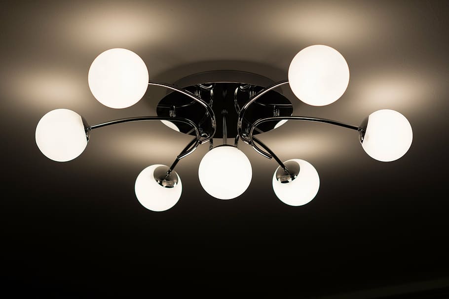 silver-colored, frame, glass, pendant, lamp, ceiling lamp, chandelier, bulbs, interior design, room lighting