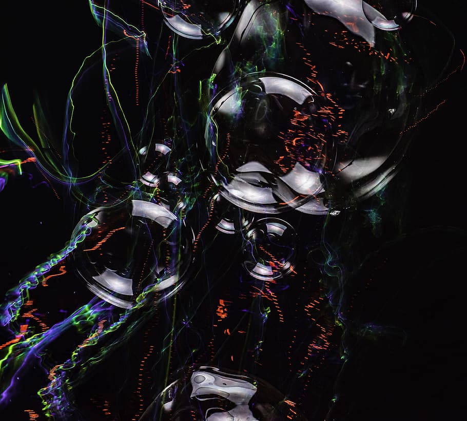 abstract, bubble, macro, art, creative, dark, reflection, lights, soap, close up