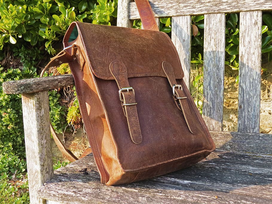 bag, leather, satchel, style, vintage, brown, bench, day, tree, plant