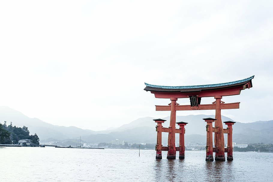 itsukushima shrine, daytime, sea, ocean, water, waves, nature, mountain, view, arch