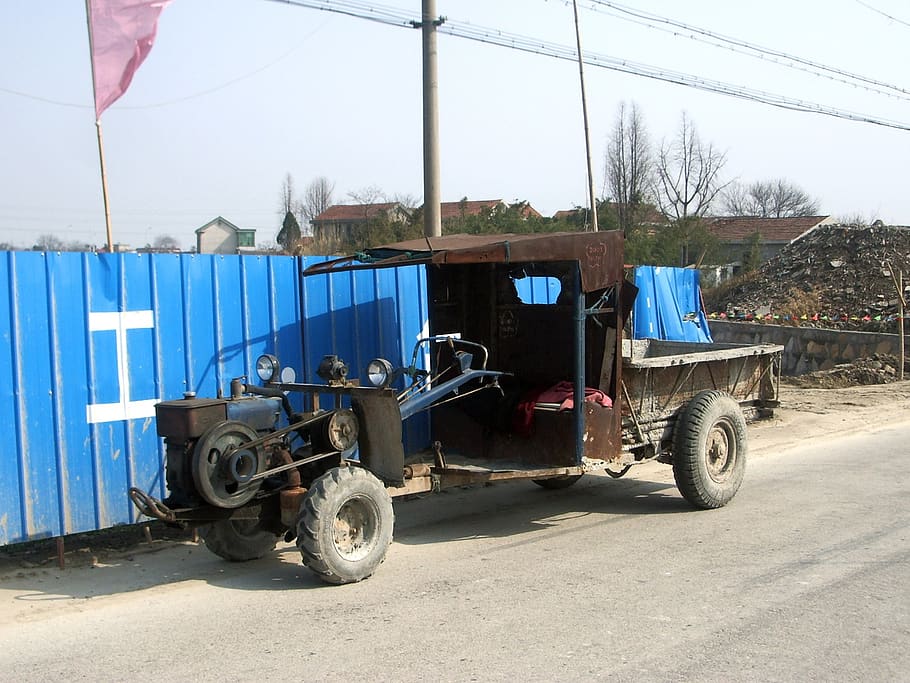 tractor, vehicle, farm, equipment, agriculture, machinery, tiller, parked, roadside, china