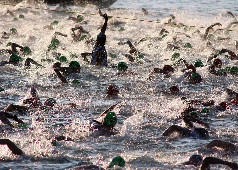 men, swimming, water, triathalon swim, iron man, athletes, swimming start, race, open water, endurance