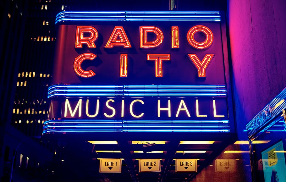 radio, city, music, hall, signage, architecture, building, infrastructure, station, night