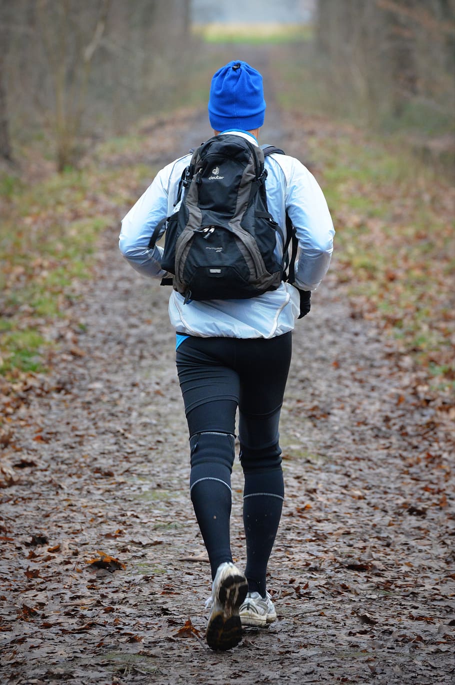 man, carrying, backpack, dried, leaves, Walk, Sports, Jogging, Jogger, People