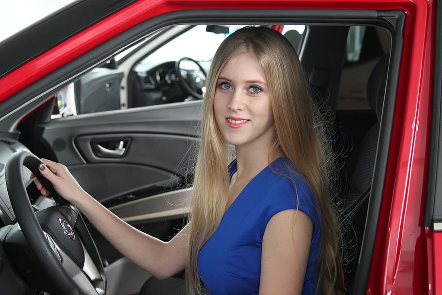 woman, sitting, inside, vehicle driver, seat, model, stand models, girl, car showroom, auto