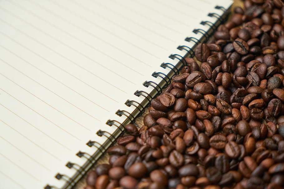 notebook, coffee, course, the work, espresso, coffee bean, kernels, page, healthy eating, good morning