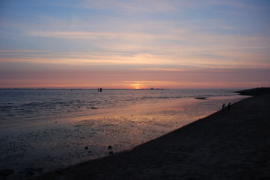 puesta de sol, resplandor crepuscular, emden, golpe, costa, mar, playa, naturaleza, cielo, al aire libre