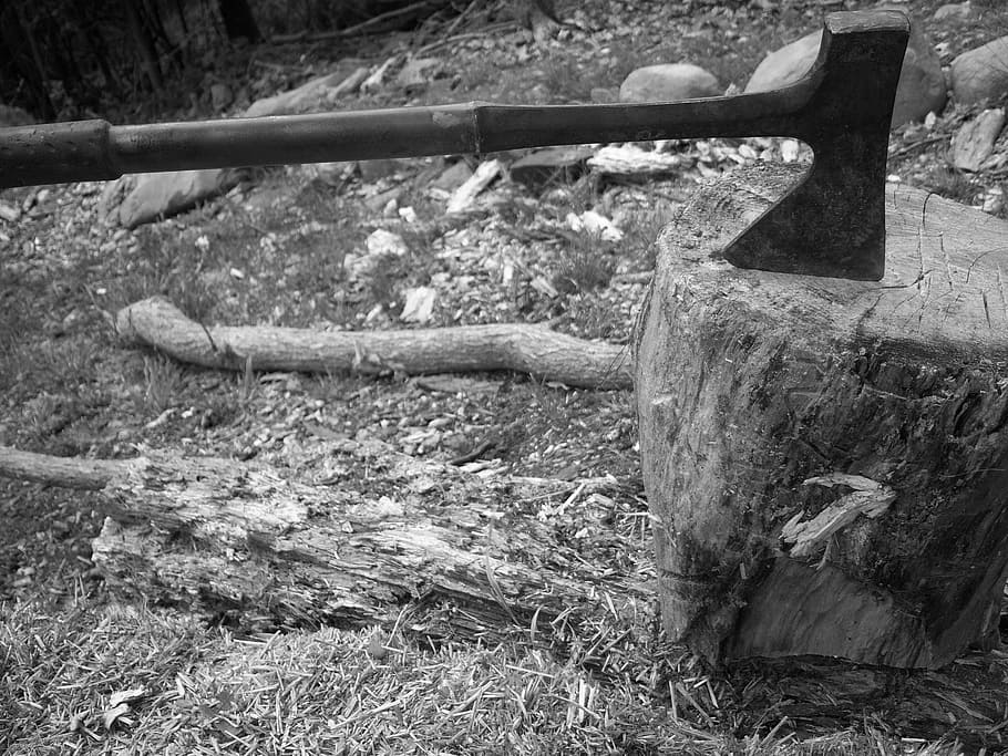grayscale photography, axe, wood log, blade, block, carpentry, cut, chop, cutting, chores