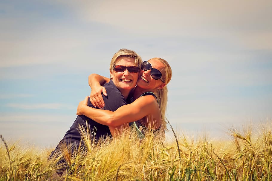 two, hugging, brown, grasses, daytime, Women, Embrace, Luck, together, affection
