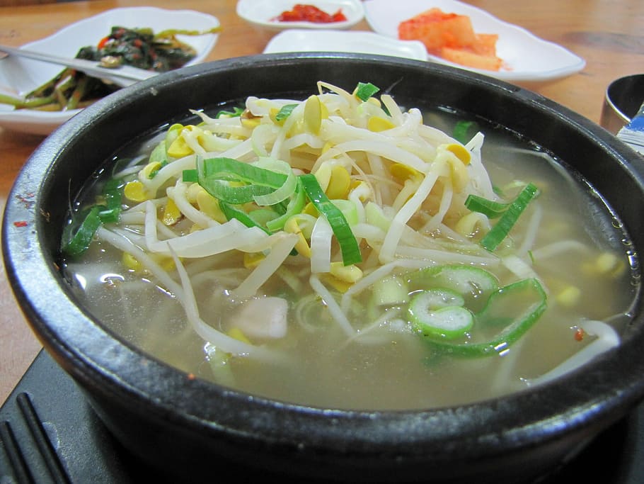 plato de sopa, cerámica, tazón, brotes, sopa, ola, sopa de brotes de soja con arroz, comida, jeonju, comer