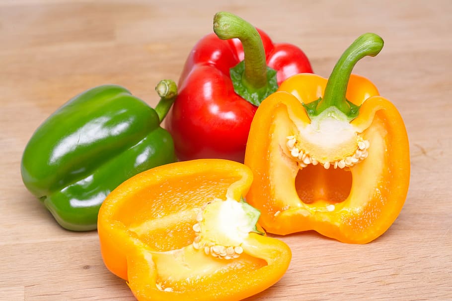 three bell peppers, fresh, peppers, vitamin, c, food, healthy, vegetable, organic, ingredient