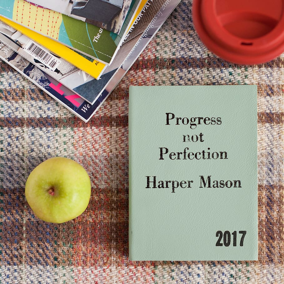 progress, perfection harper mason, besides, green, fruit, still, items, things, book, notebook