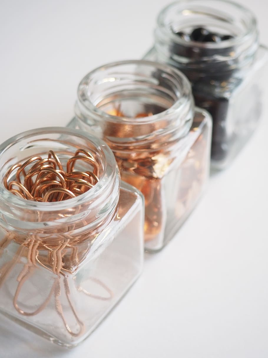 shallow, focus photography, three, clear, glass jars, glass, jar, desktop, container, stationary