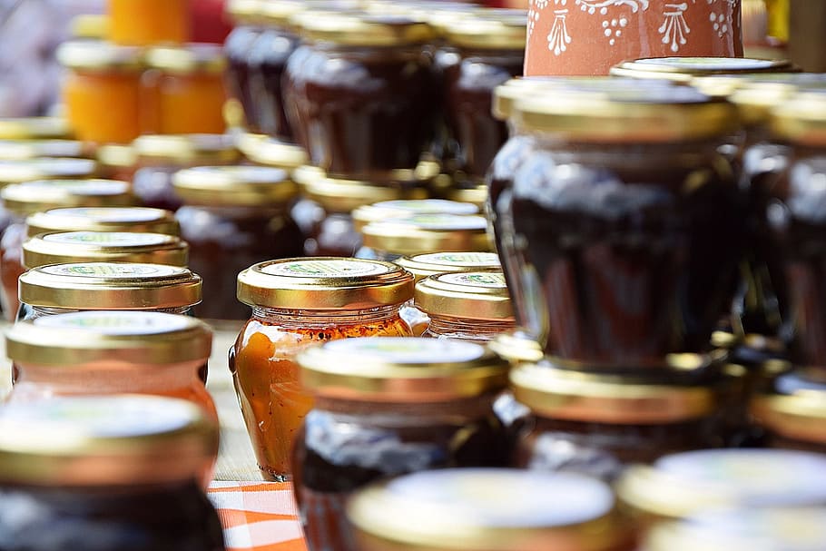 glass jar lot, jam, honey, glass, selective focus, container, food and drink, large group of objects, close-up, food