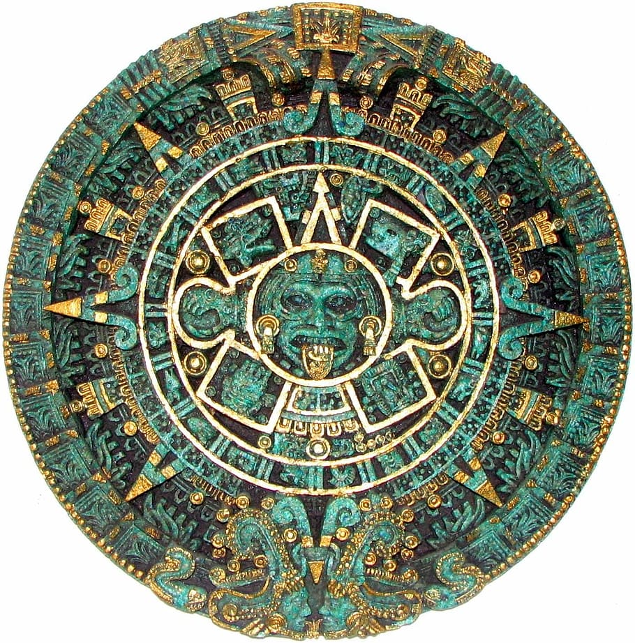 verde azulado, negro, marrón, blanco, abstracto, decoración de la pared, primer plano, foto, verde y oro, calendario maya