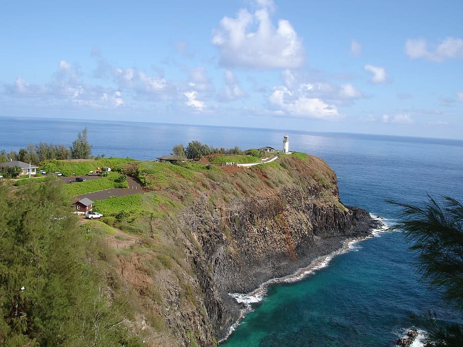 lighthouse, body, water, penninsula, cliff, kilauea point, light house, ocean, landscape, tropical