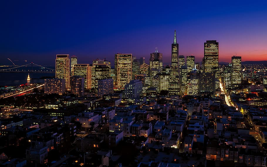 도시 풍경, 조명이있는, 건물, 야간, 샌프란시스코, 캘리포니아, 도시, 도시의, 도심, 지평선