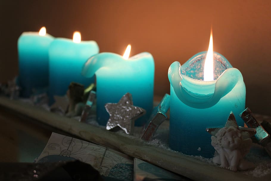 time lapse photography, four, blue, lighted, candles, christmas, advent wreath, light, flame, candle