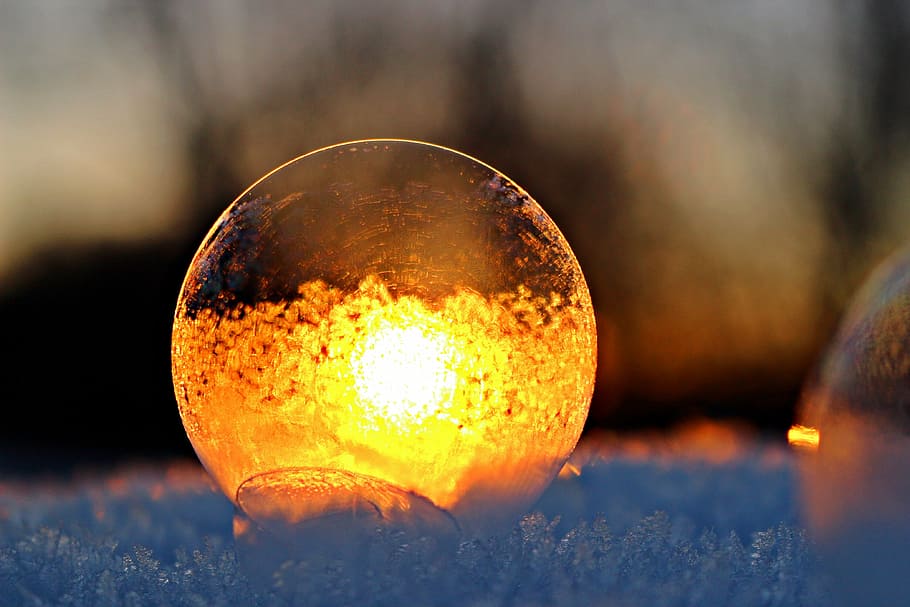 reflection, light, glass ball, soap bubble, sunset, afterglow, frost blister, frost globe, abendstimmung, snow