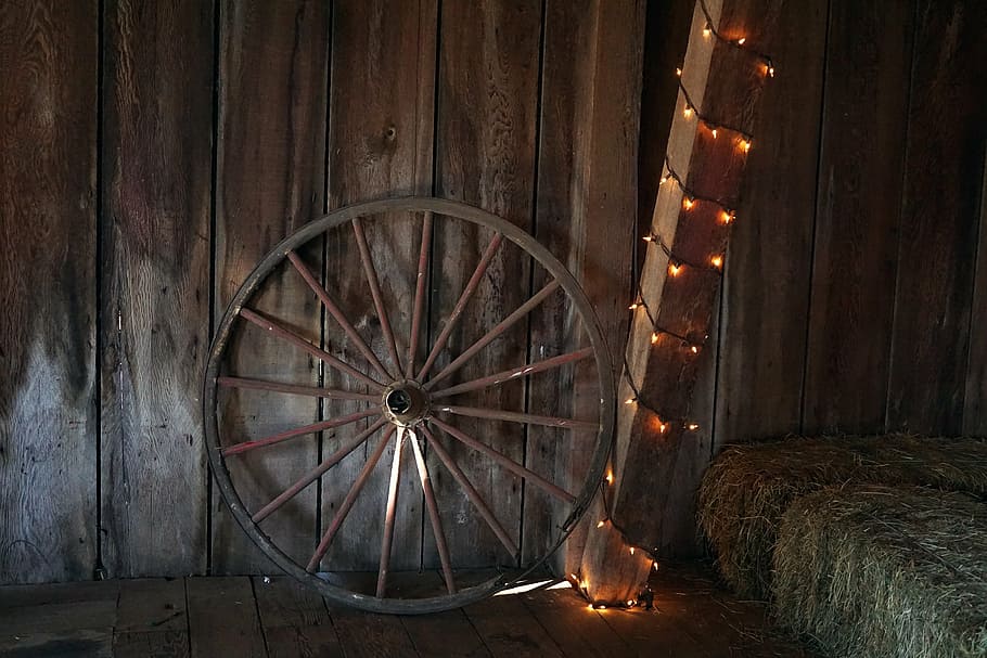 rueda de carreta, granero, heno, r, rústico, de madera, occidental, desgastado, oxidado, madera - Material