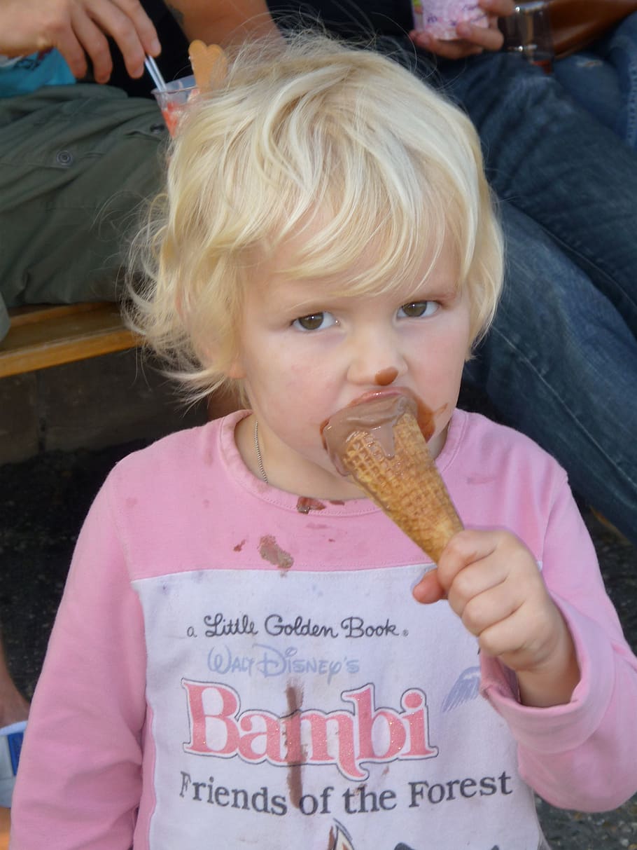 niña, comer, helado, niño, hielo, cono de helado, comer hielo, verano, sabor, dulce